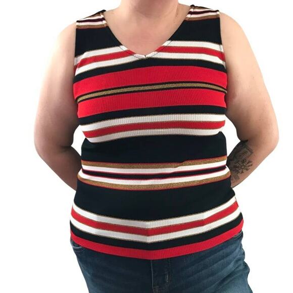 Avon Fashions Large Sleeveless Tank, White Black Red Gold Tank Top, 70s Tank Top - Picture 1 of 10